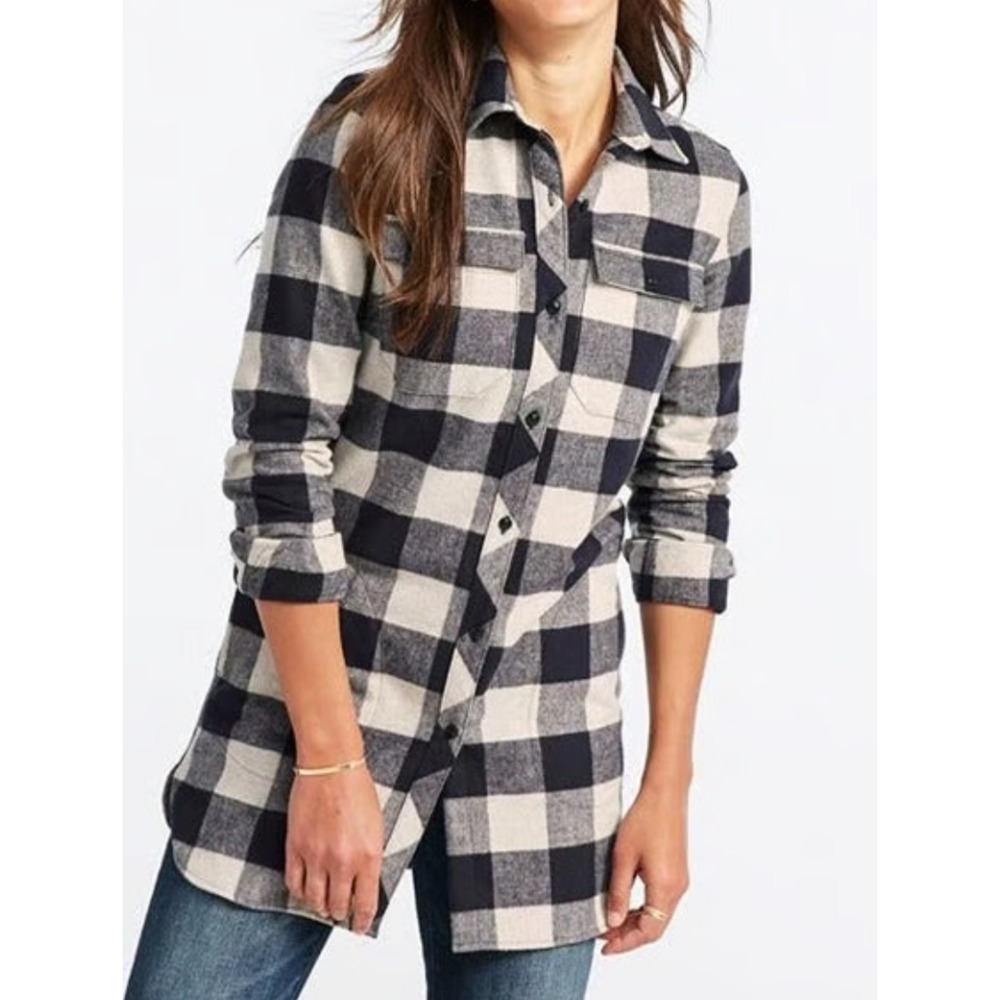 LL Bean Signature Womens Buffalo Plaid Flannel Shirt Jacket Navy Cream 502361 MR